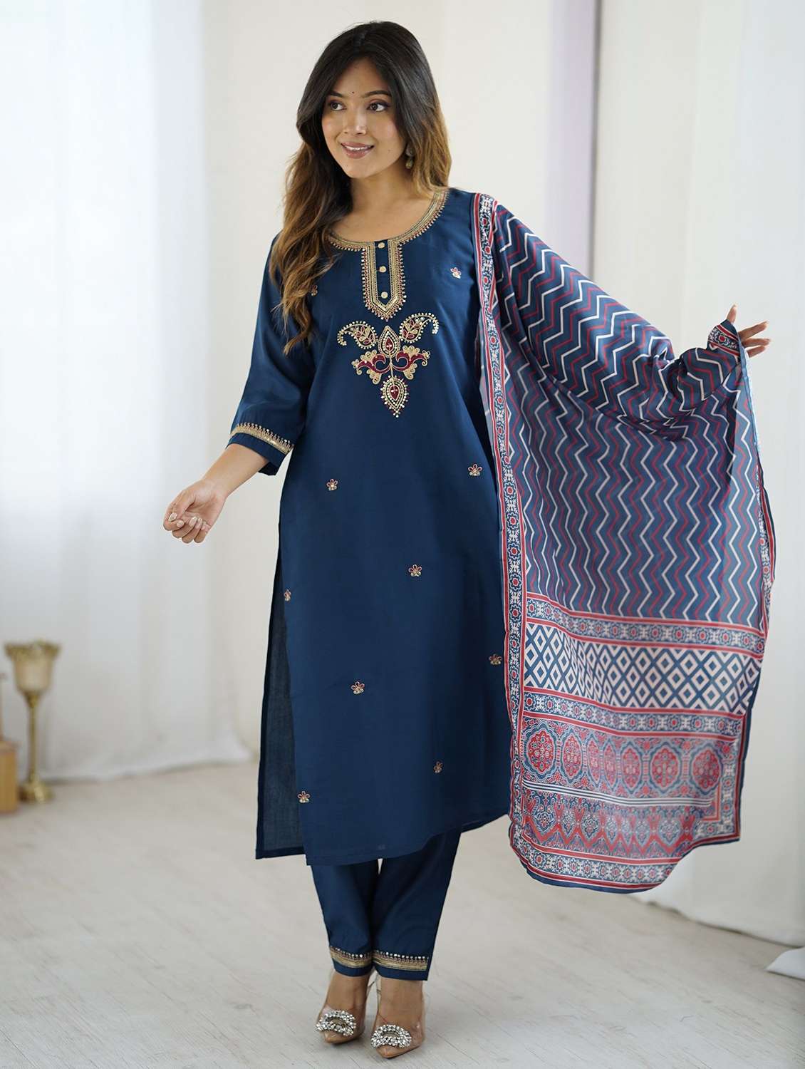 women solid with work three quarter sleeve kurta pant with dupatta set - 22393043 -  Standard Image - 2