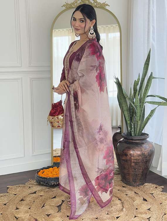 women solid with work three quarter sleeve kurta pant with dupatta set - 22393055 -  Standard Image - 2