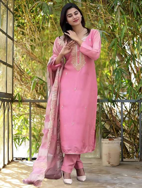 women solid with work three quarter sleeve kurta pant with dupatta set - 22393057 -  Standard Image - 2