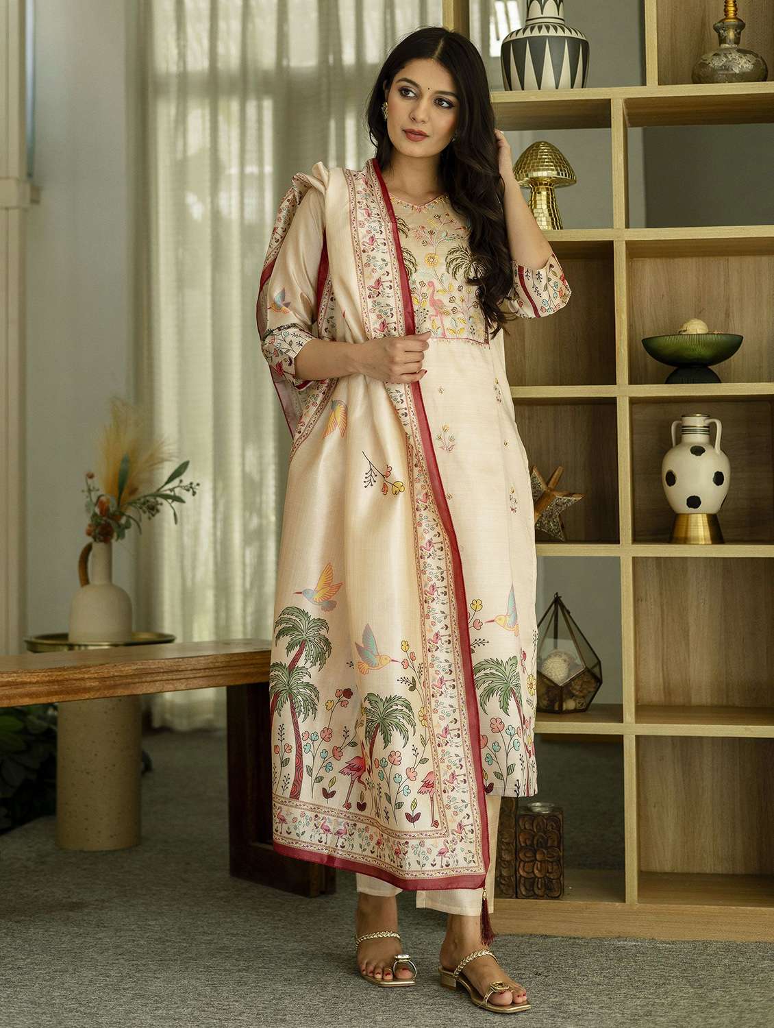 women printed three quarter sleeve kurta pant with dupatta set - 22393060 -  Standard Image - 2