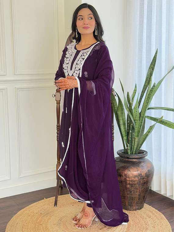 women solid with work three quarter sleeve kurta pant with dupatta set - 22393078 -  Standard Image - 2