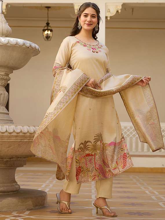 women solid with work three quarter sleeve kurta pant with dupatta set - 22393080 -  Standard Image - 2