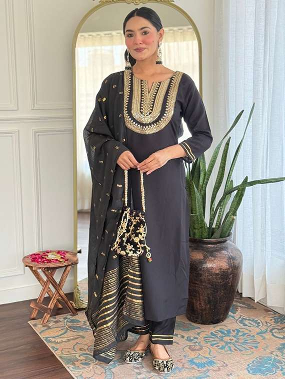 women solid with work three quarter sleeve kurta pant with dupatta set - 22393092 -  Standard Image - 2