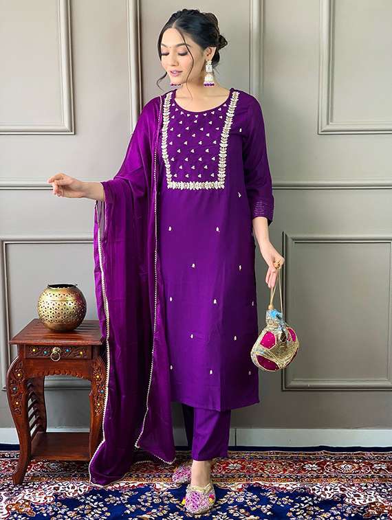 women solid with work three quarter sleeve kurta pant with dupatta set - 22393098 -  Standard Image - 2