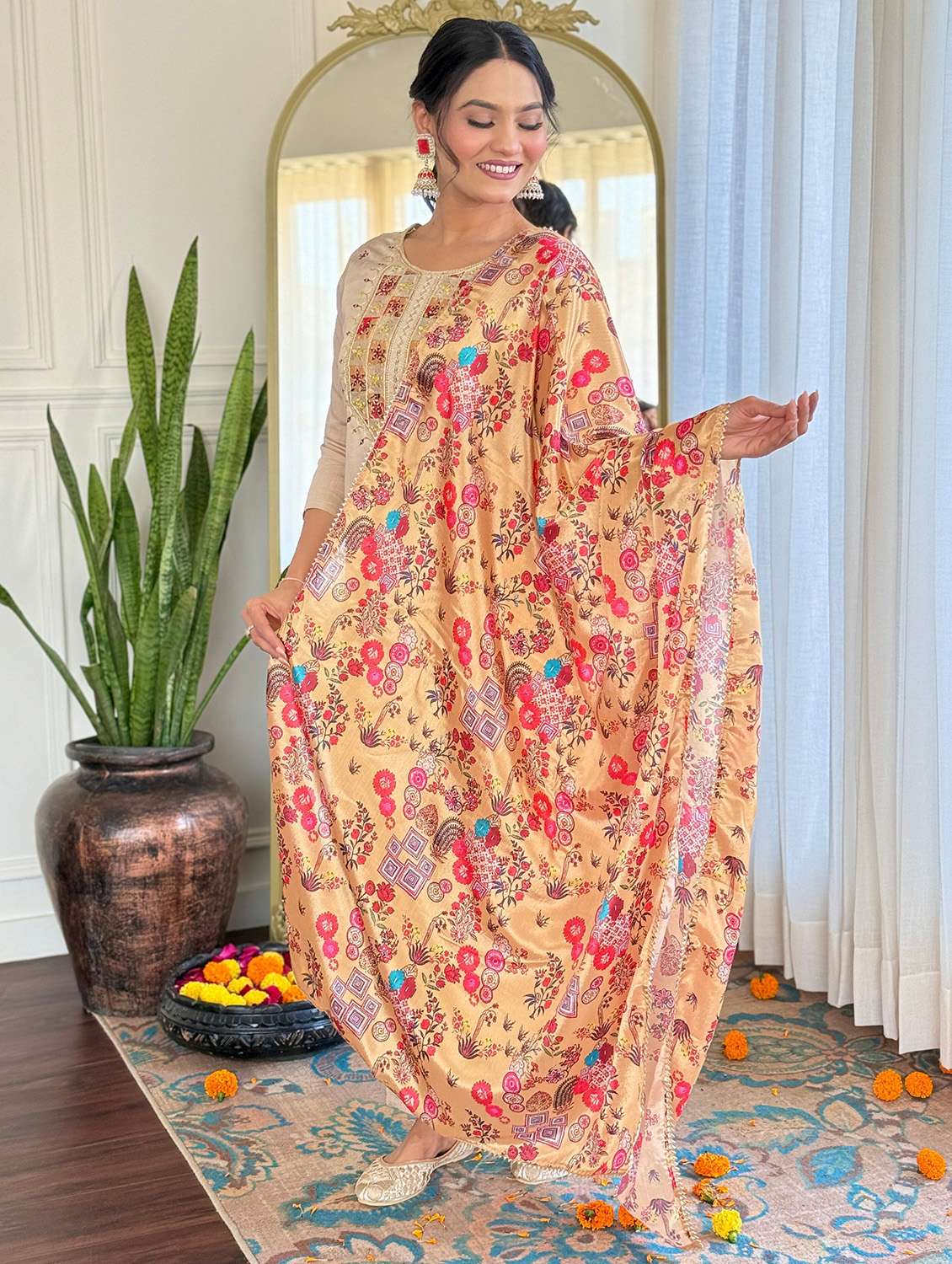 women solid with work three quarter sleeve kurta pant with dupatta set - 22393106 -  Standard Image - 2