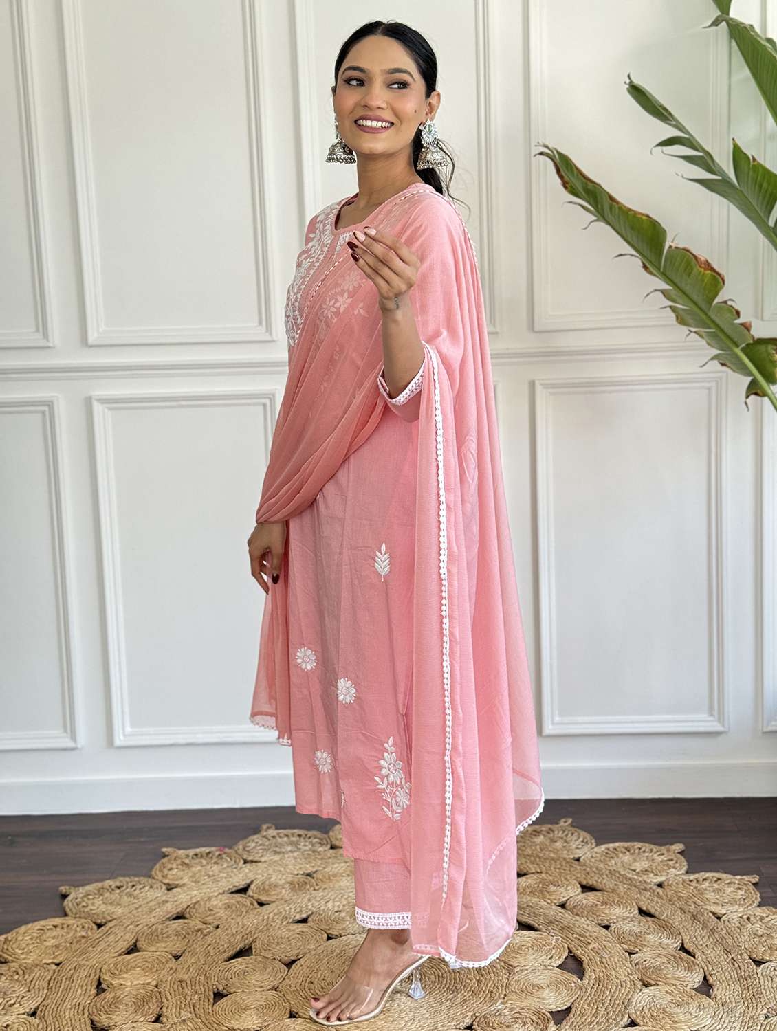 women solid with work three quarter sleeve kurta pant with dupatta set - 22393107 -  Standard Image - 2