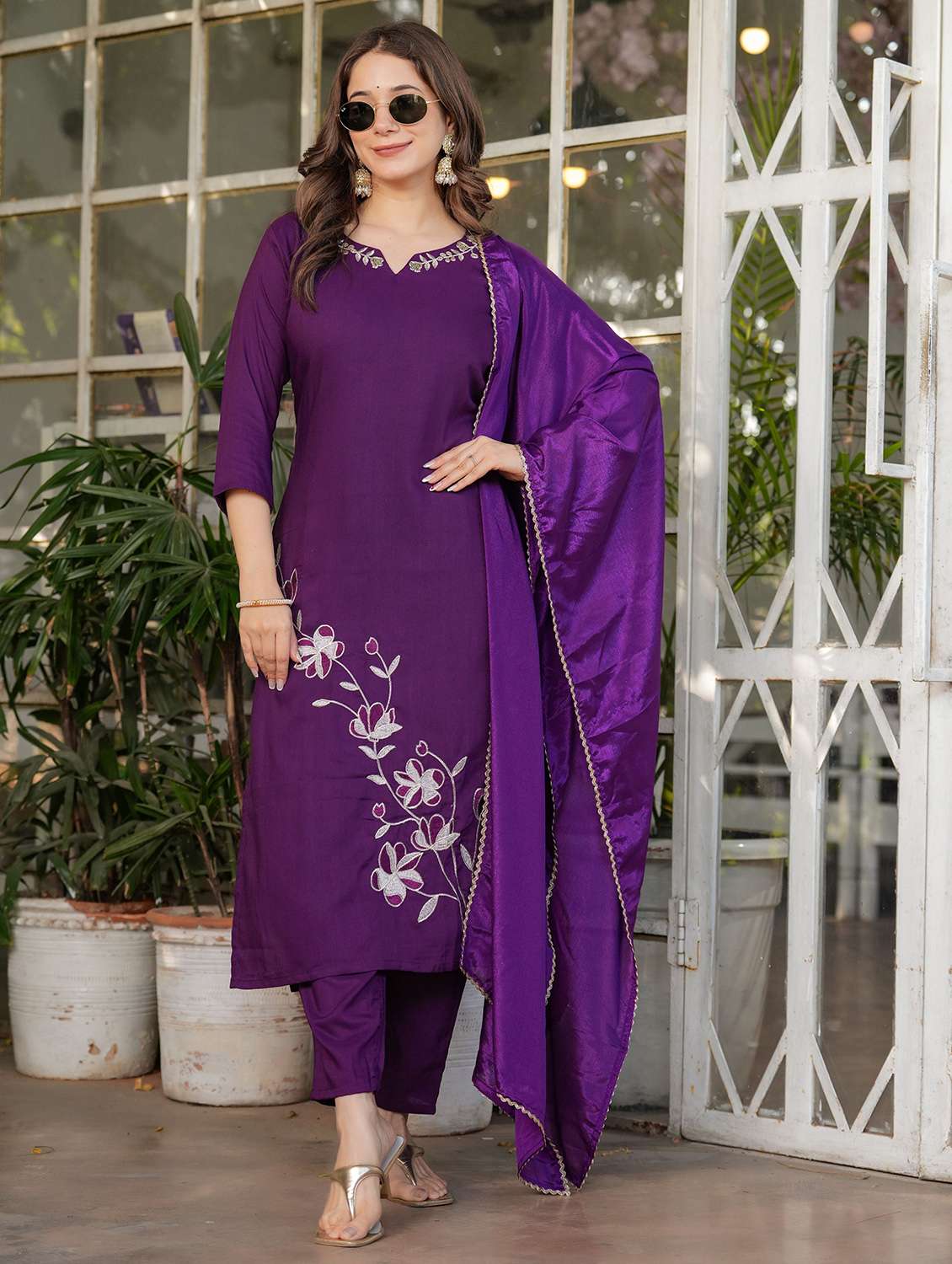 women solid with work three quarter sleeve kurta pant with dupatta set - 22393114 -  Standard Image - 2