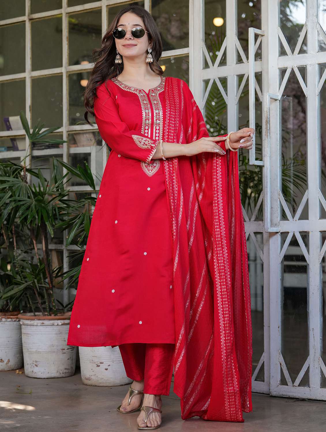 women solid with work three quarter sleeve kurta pant with dupatta set - 22393117 -  Standard Image - 2