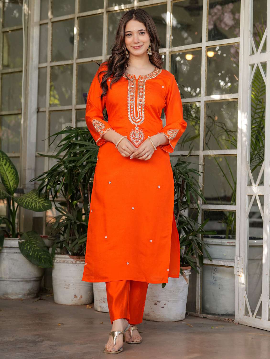 women solid with work three quarter sleeve kurta pant with dupatta set - 22393119 -  Standard Image - 2