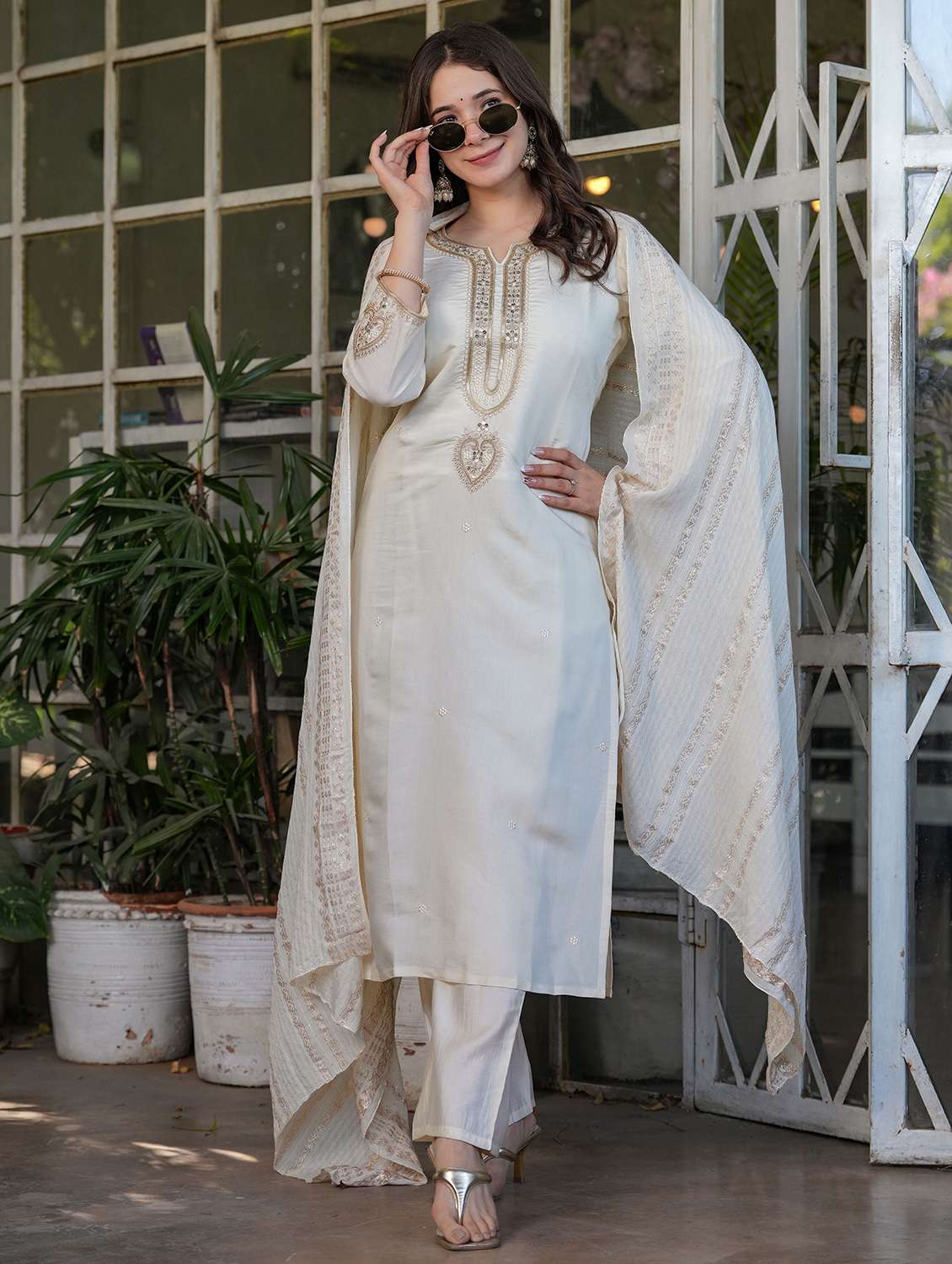 women solid with work three quarter sleeve kurta pant with dupatta set - 22393120 -  Standard Image - 2