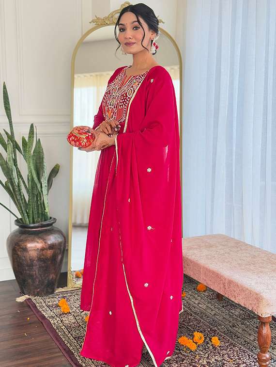 women solid with work three quarter sleeve kurta pant with dupatta set - 22393123 -  Standard Image - 2