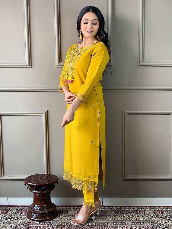 women solid with work three quarter sleeve kurta pant with dupatta set - 22393131 -  Standard Image - 2