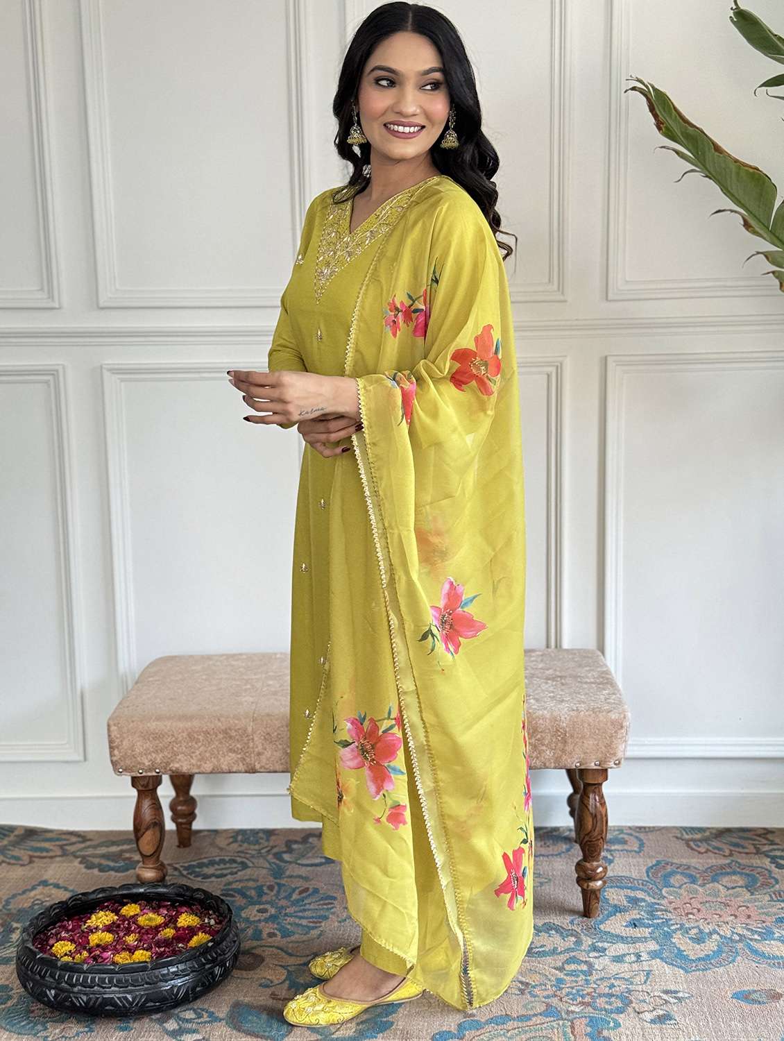 women solid with work three quarter sleeve kurta pant with dupatta set - 22393133 -  Standard Image - 2