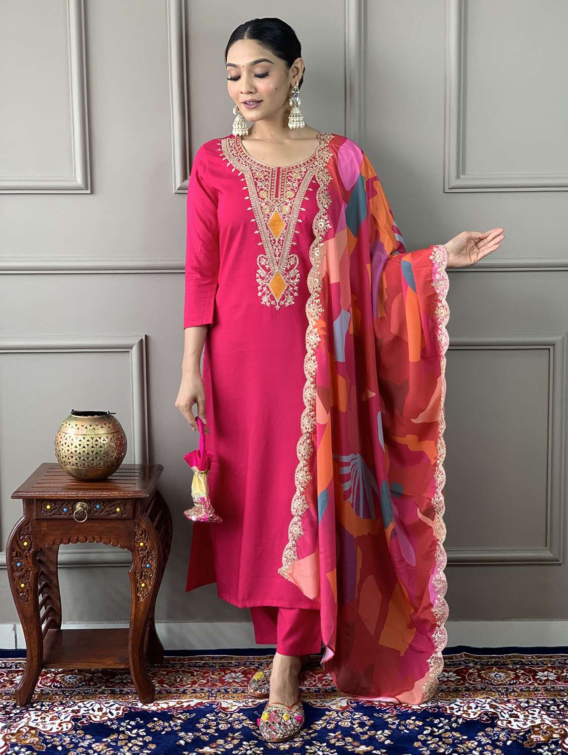 women solid with work three quarter sleeve kurta pant with dupatta set - 22393136 -  Standard Image - 2