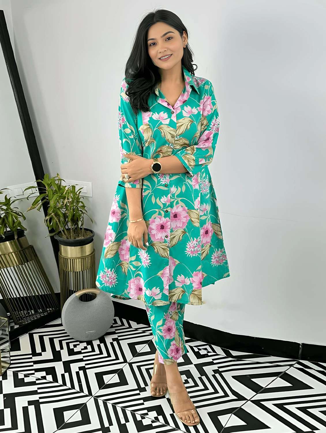 women printed three quarter sleeve ethnic co-ord set