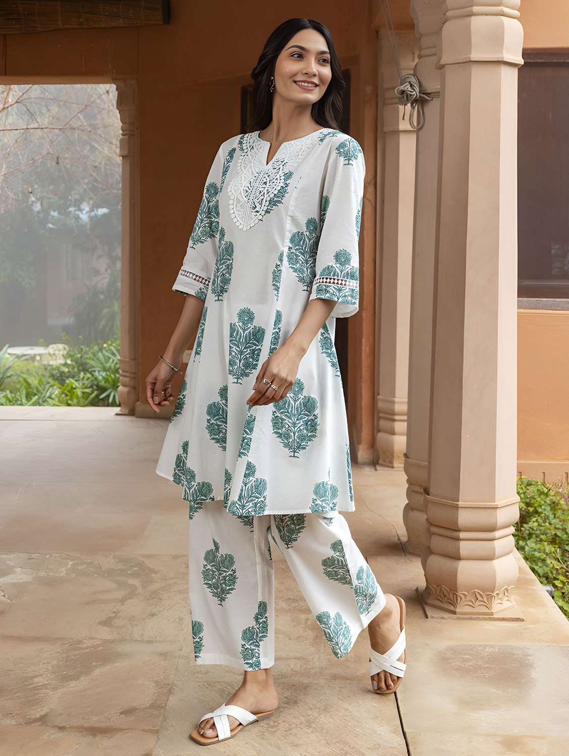 women printed three quarter sleeve ethnic co-ord set - 22393173 -  Standard Image - 2