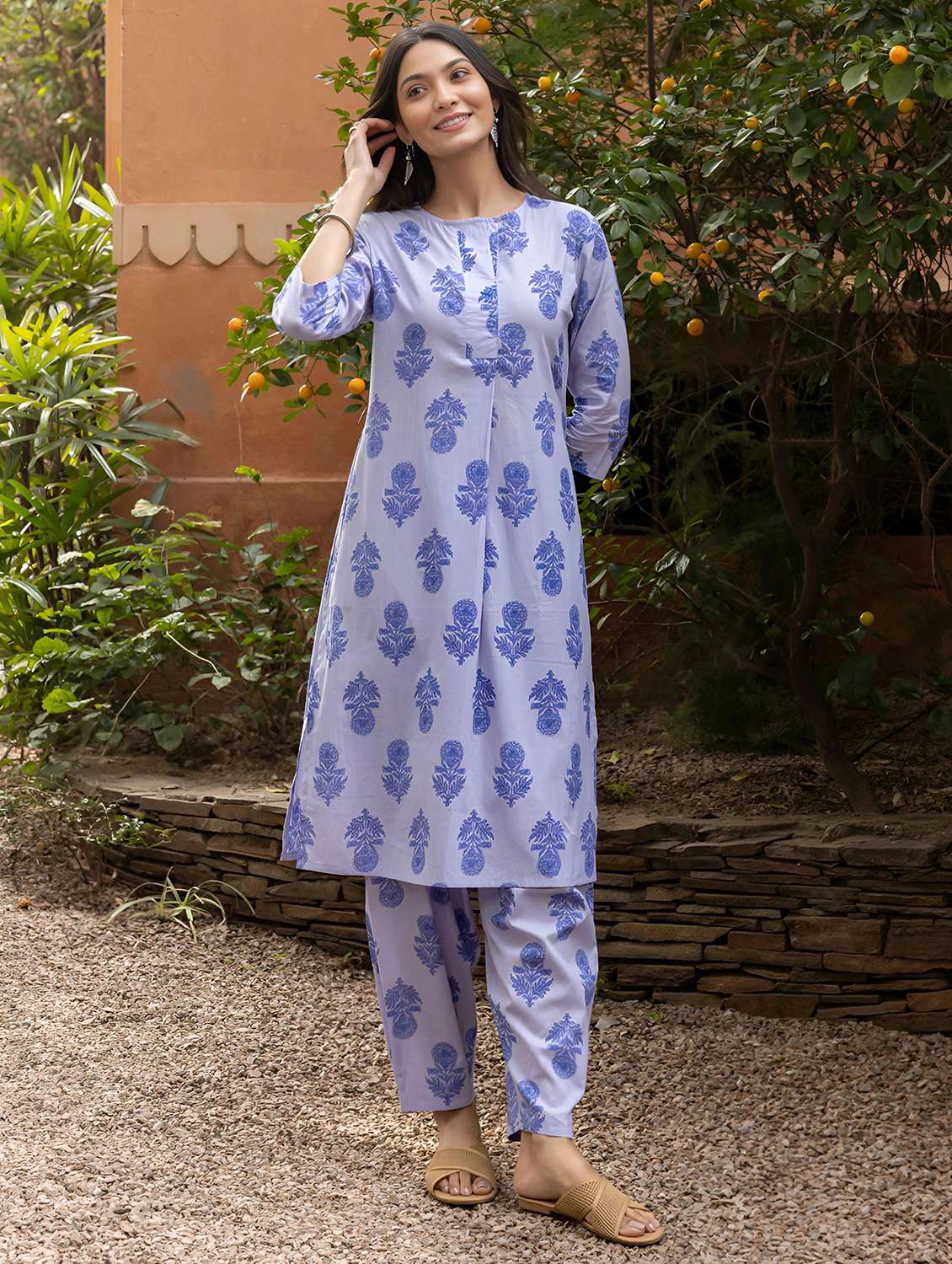 women printed three quarter sleeve ethnic co-ord set