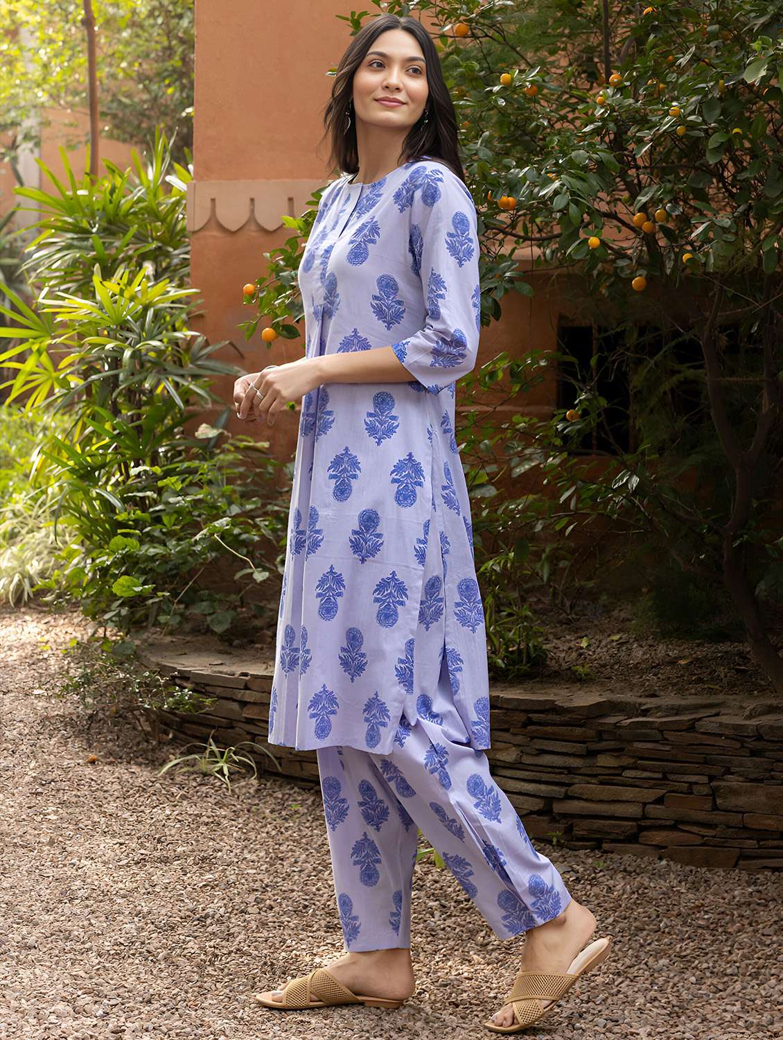 women printed three quarter sleeve ethnic co-ord set - 22393179 -  Standard Image - 2