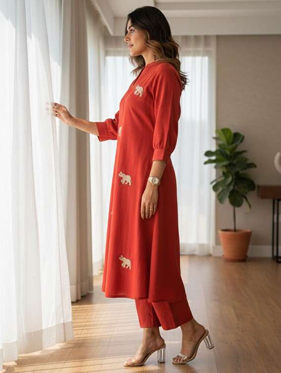 women solid with work three quarter sleeve kurta pant set - 22393184 -  Standard Image - 2