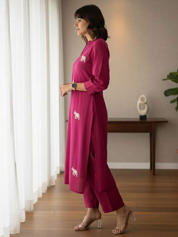 women solid with work three quarter sleeve kurta pant set - 22393185 -  Standard Image - 2