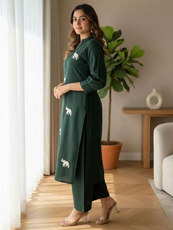women solid with work three quarter sleeve kurta pant set - 22393189 -  Standard Image - 2
