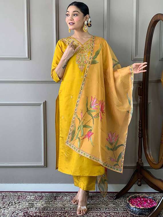 women solid with work three quarter sleeve kurta pant with dupatta set - 22393198 -  Standard Image - 2