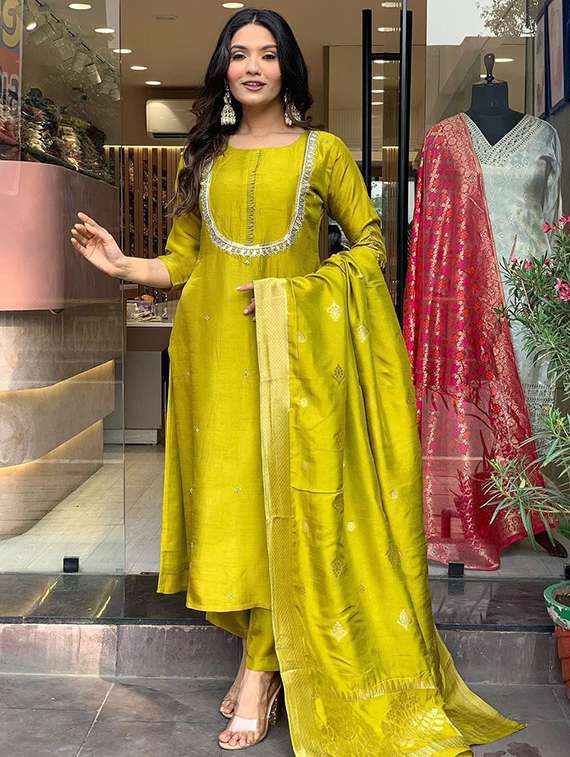 women solid with work three quarter sleeve kurta pant with dupatta set - 22393210 -  Standard Image - 2