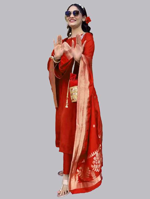 women solid with work three quarter sleeve kurta pant with dupatta set - 22393213 -  Standard Image - 2
