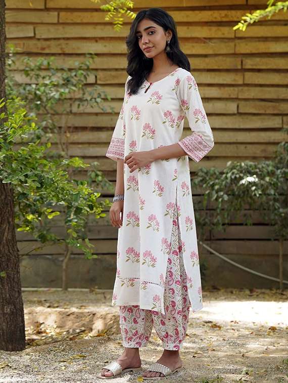 women floral three quarter sleeve kurta salwar set - 22393224 -  Standard Image - 2