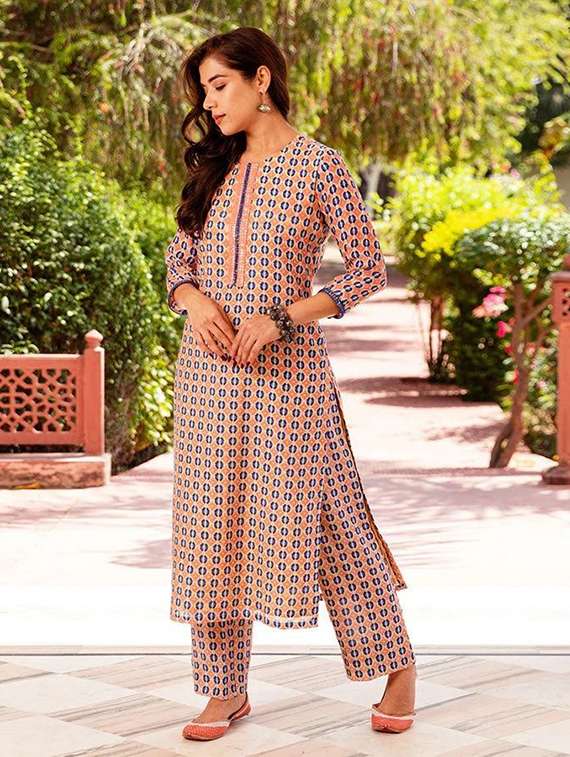 women printed three quarter sleeve kurta pant set - 22393272 -  Standard Image - 2