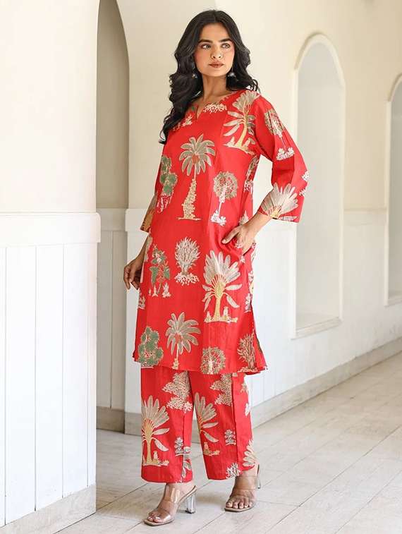 women printed three quarter sleeve ethnic co-ord set - 22393282 -  Standard Image - 2