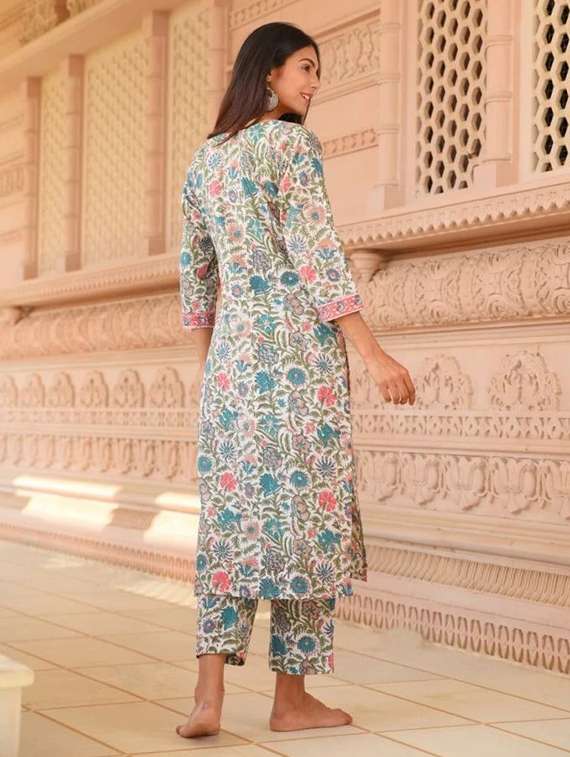 women printed three quarter sleeve kurta pant set - 22393285 -  Standard Image - 2