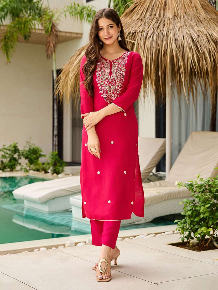 women solid with work three quarter sleeve kurta pant with dupatta set - 22393320 -  Standard Image - 2