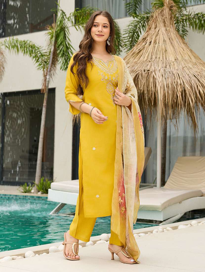 women solid with work three quarter sleeve kurta pant with dupatta set - 22393323 -  Standard Image - 2