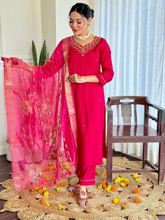 women solid with work three quarter sleeve kurta pant with dupatta set - 22393326 -  Standard Image - 2