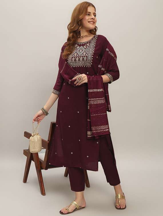 women solid with work three quarter sleeve kurta pant with dupatta set