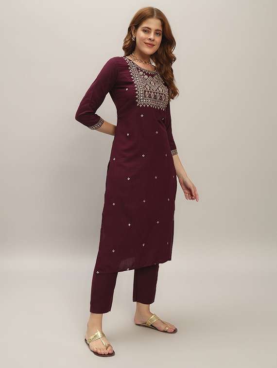 women solid with work three quarter sleeve kurta pant with dupatta set - 22393336 -  Standard Image - 2