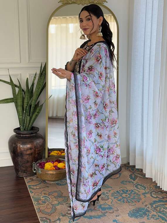 women solid with work three quarter sleeve kurta pant with dupatta set - 22393360 -  Standard Image - 2