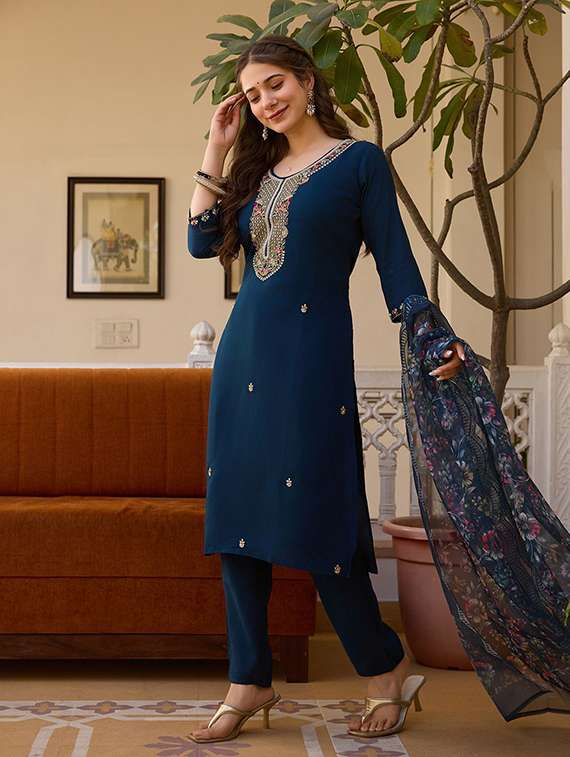 women solid with work three quarter sleeve kurta pant with dupatta set - 22393367 -  Standard Image - 2
