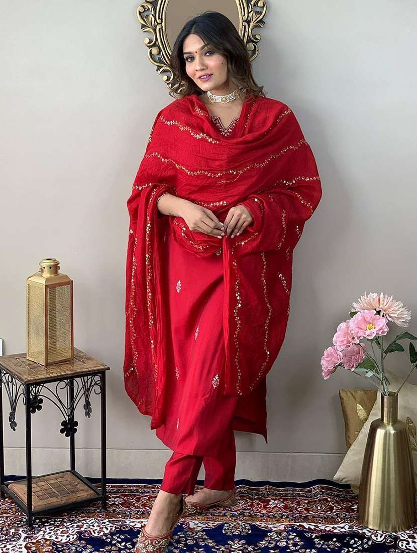 women solid with work three quarter sleeve kurta pant with dupatta set - 22393433 -  Standard Image - 2