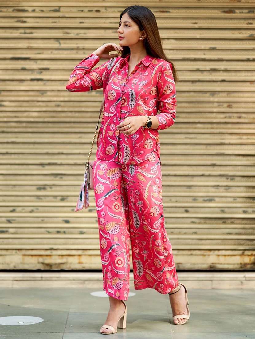 women printed long sleeve shirt & trouser co-ord set
