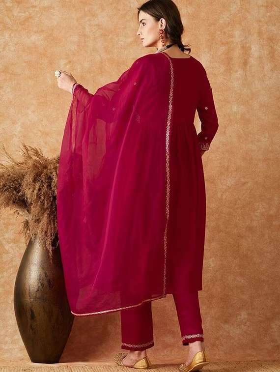 women solid with work three quarter sleeve kurta pant with dupatta set - 22393504 -  Standard Image - 2