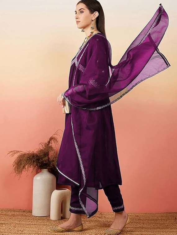 women solid with work three quarter sleeve kurta pant with dupatta set - 22393506 -  Standard Image - 2