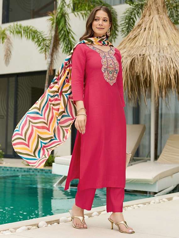 women solid with work three quarter sleeve kurta pant with dupatta set - 22393512 -  Standard Image - 2