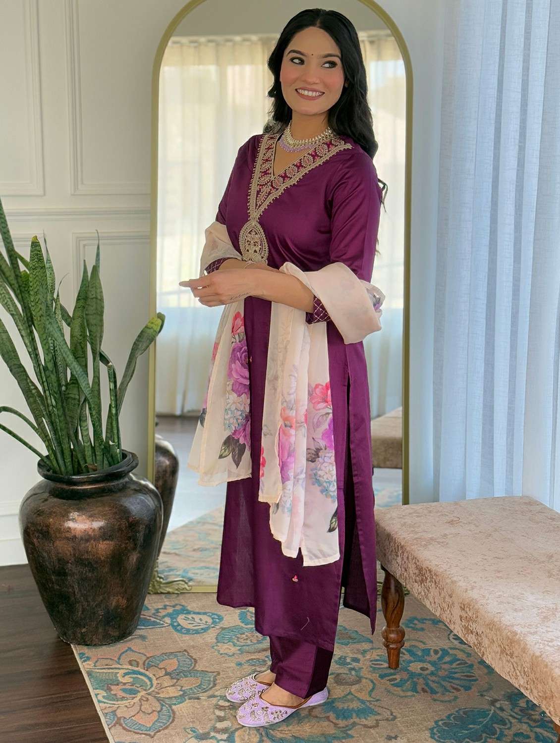 women solid with work three quarter sleeve kurta pant with dupatta set - 22393518 -  Standard Image - 2