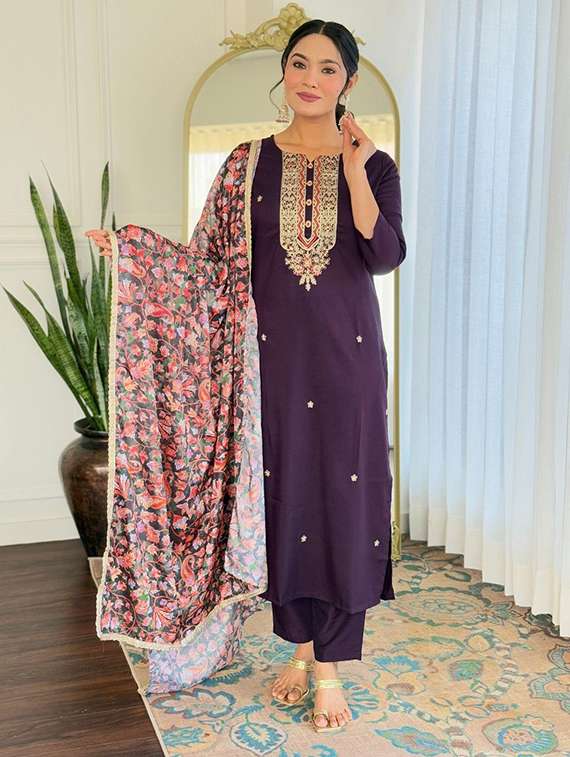 women solid with work three quarter sleeve kurta pant with dupatta set - 22393521 -  Standard Image - 2