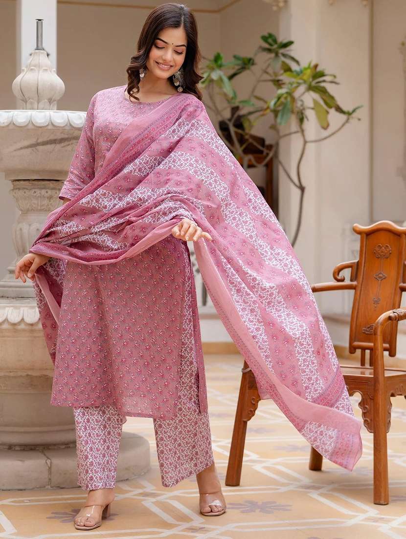 women printed three quarter sleeve kurta pant with dupatta set - 22393561 -  Standard Image - 2