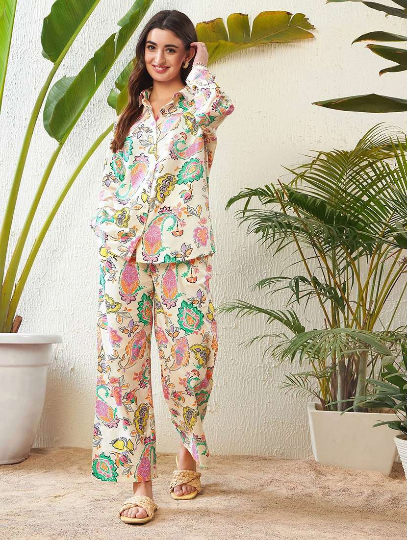 women printed long sleeve shirt & trouser co-ord set