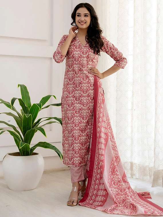 women printed three quarter sleeve kurta pant with dupatta set - 22393583 -  Standard Image - 2