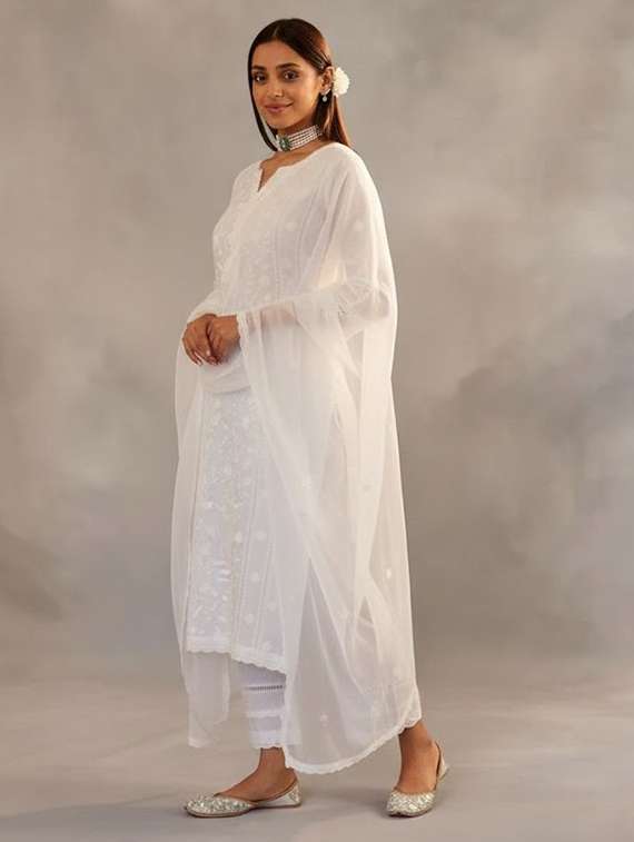 women solid with work three quarter sleeve kurta pant with dupatta set - 22393594 -  Standard Image - 2
